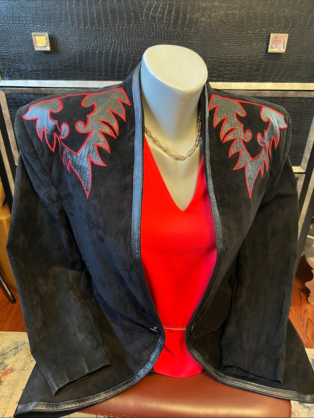 Alamos Vintage 1980’s Black Leather Suede Jacket with Red Embroidered Accents